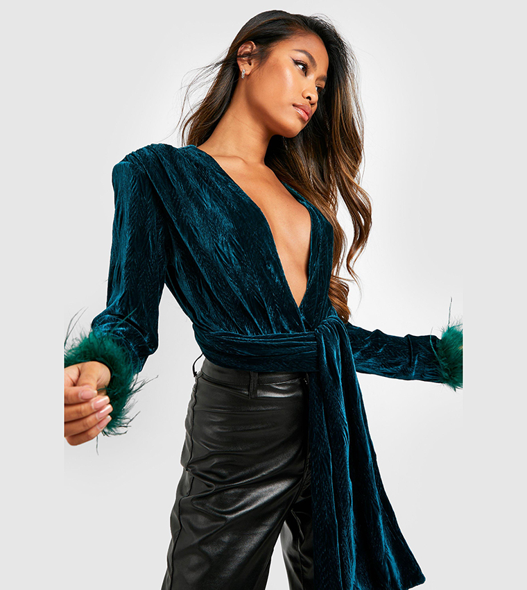 Buy Boohoo Feather Cuff Textured Velvet Bodysuit Top In Green