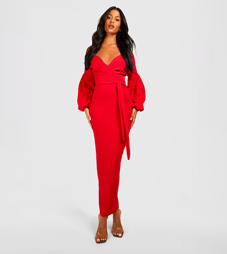 Buy Boohoo Tall Off The Shoulder Wrap Maxi Bodycon Dress In Red 6thStreet Kuwait