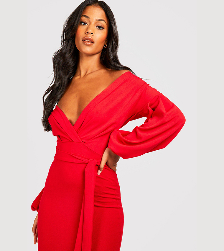 Buy Boohoo Tall Off The Shoulder Wrap Maxi Bodycon Dress In Red 6thStreet Bahrain