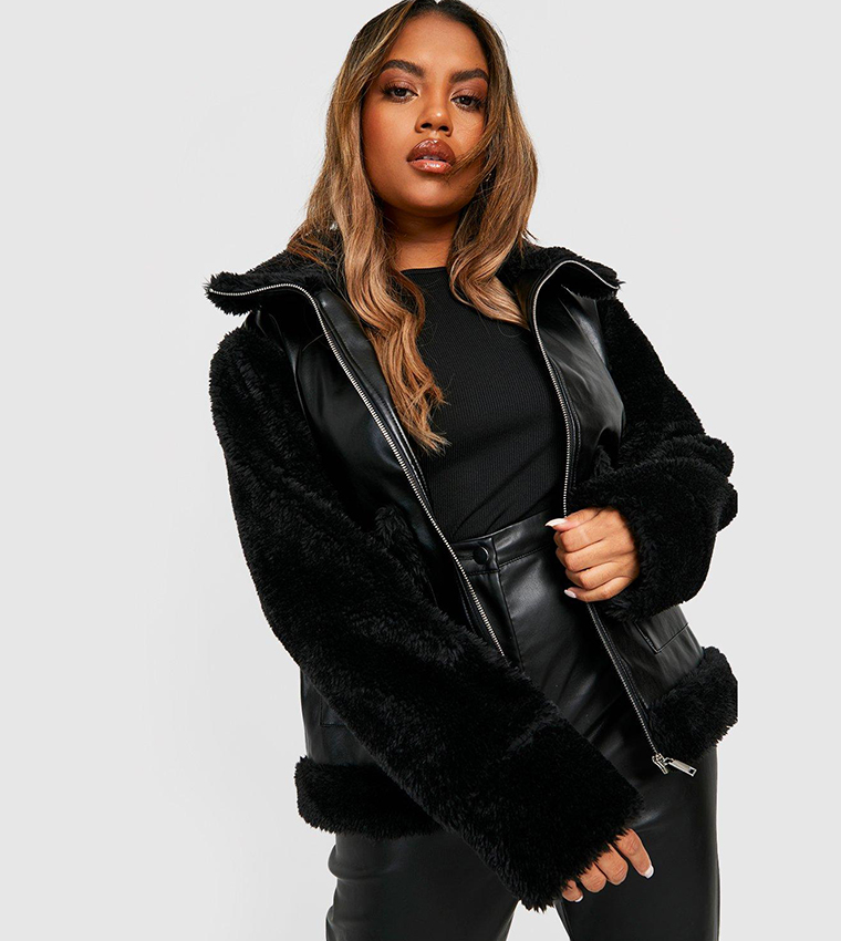 Buy Boohoo Plus Faux Fur Detail Aviator Jacket In Black 6thStreet Qatar