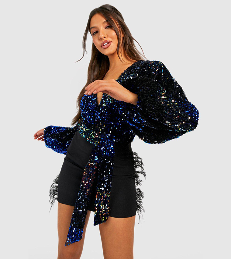 Buy Boohoo Volume Sleeves Sequin Bodysuit Top In Blue 6thStreet Oman