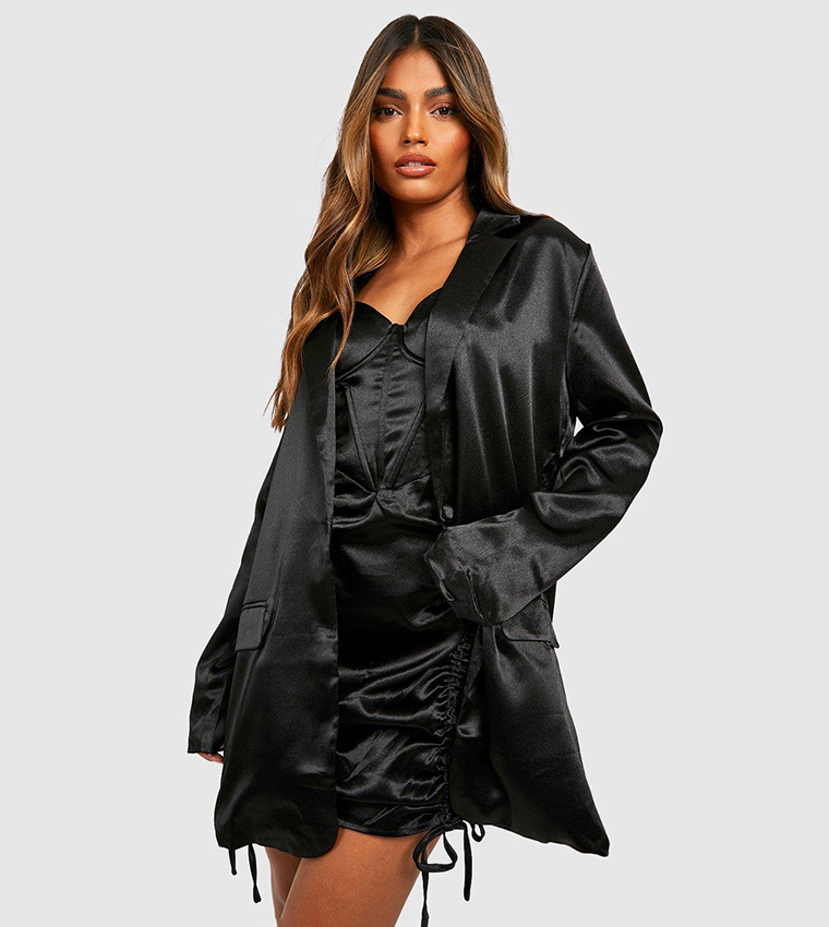 Boohoo Satin Longline Blazer Buy Boohoo Satin Relaxed Fit Longline Tailored  Blazer In Black