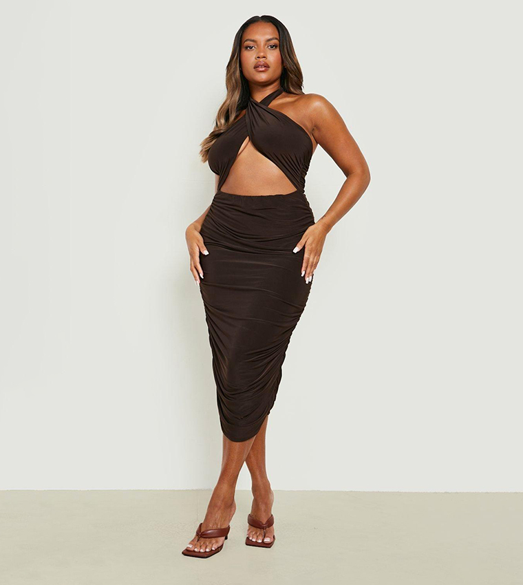 halter neck ruched midi dress Renata purple halterneck ruched midi dress