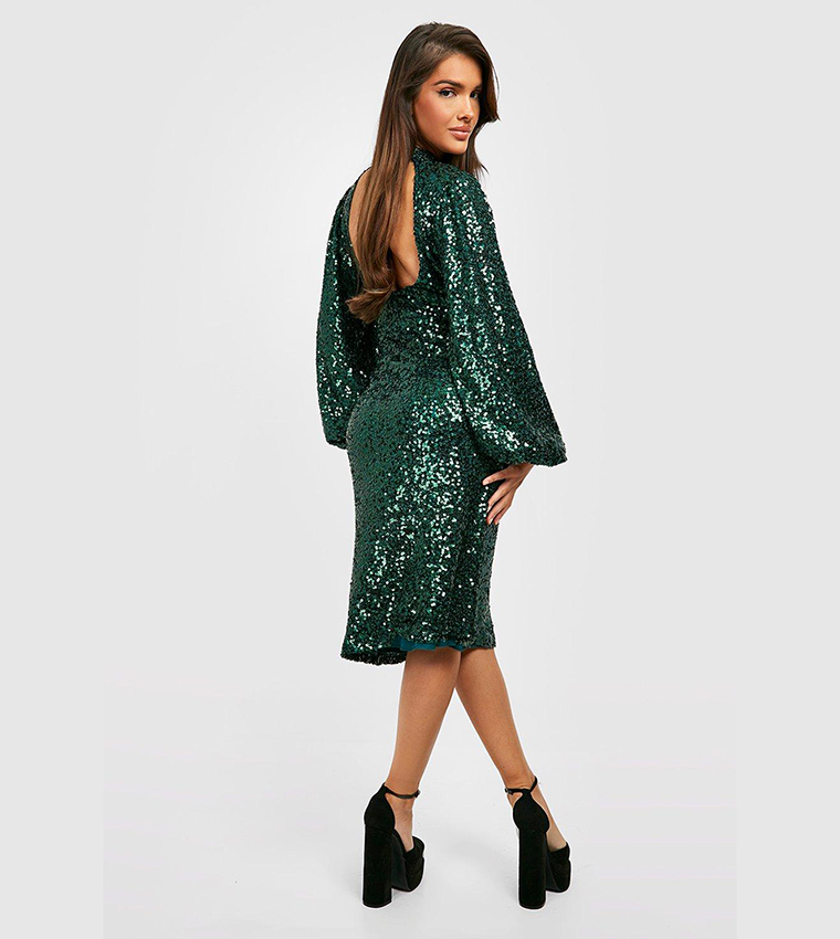 Buy Boohoo Sequin Blouson Sleeves Midi Party Dress In Green | 6thstreet UAE