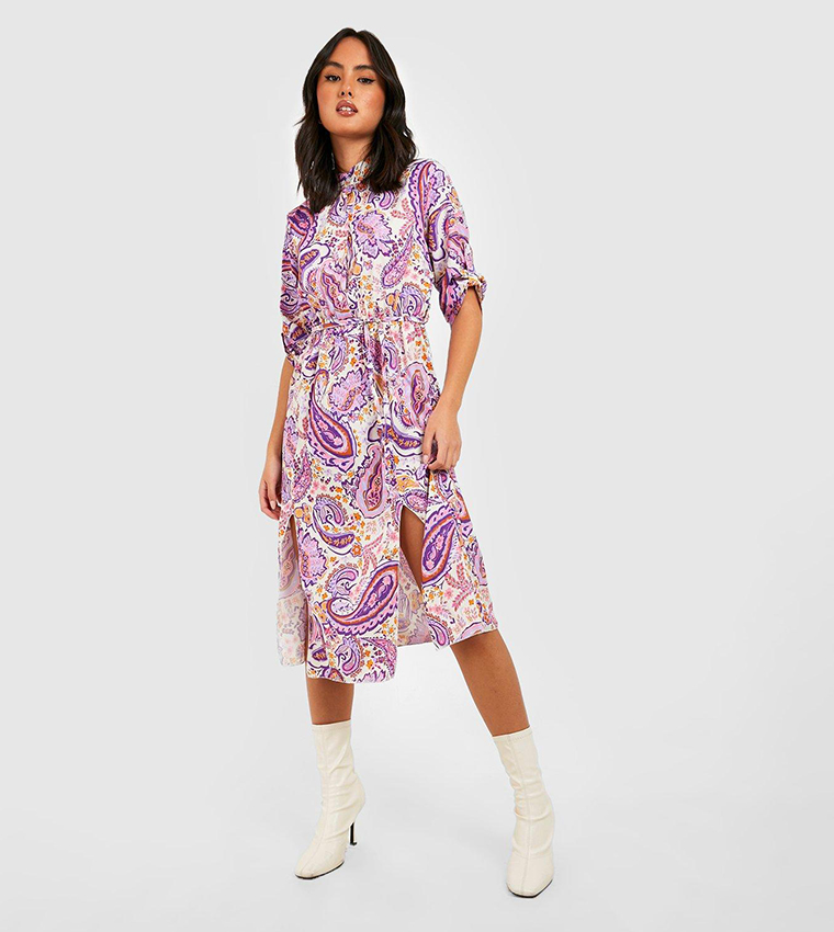 Buy Boohoo Paisley Midi Shirt Dress In Purple 6thStreet Qatar