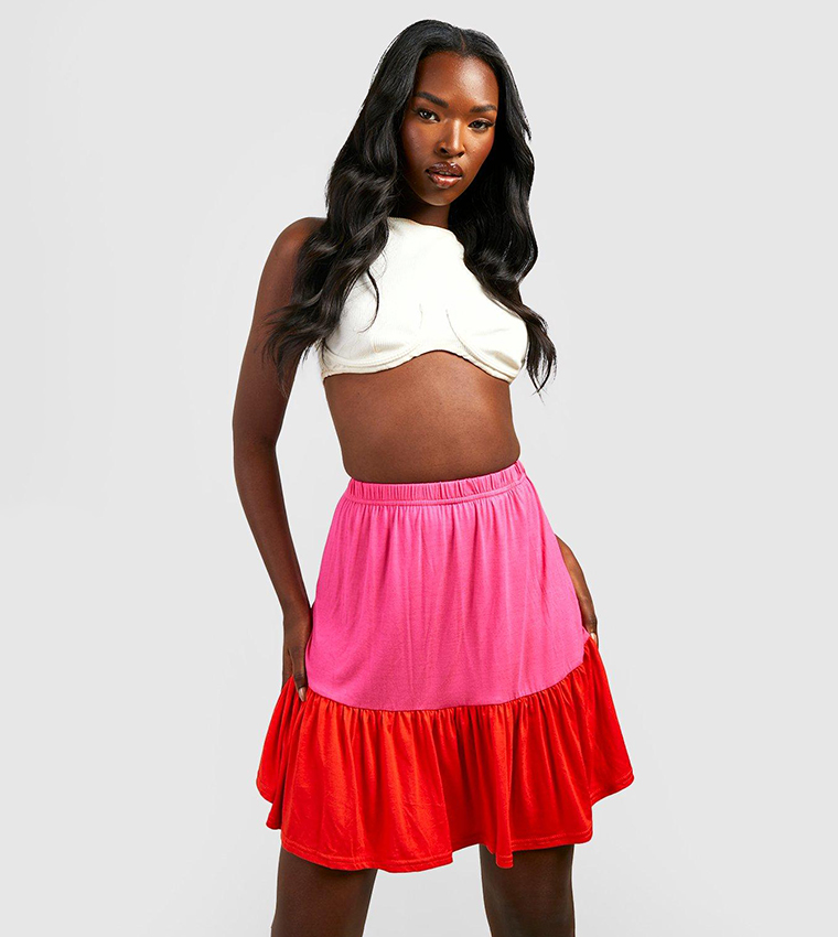 Buy Boohoo Colour Block Jersey Tiered Skater Skirt In Pink 6thStreet Oman