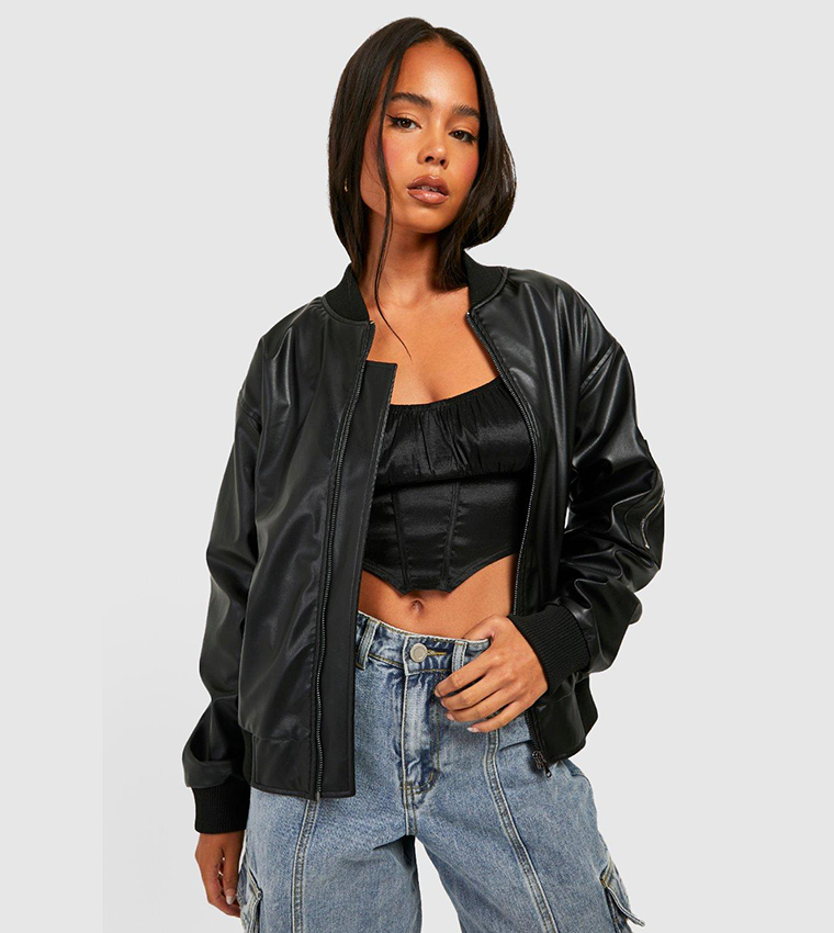 Buy Boohoo Oversized Faux Leather Bomber Jacket In Black