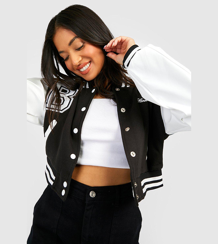 Buy Boohoo Contrast Sleeves Badge Varsity Bomber Jacket In Black