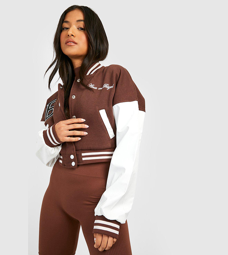 Buy Boohoo Contrast Sleeves Badge Varsity Bomber Jacket In Brown