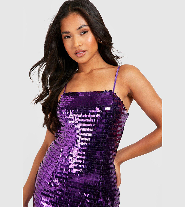 boohoo purple sequin dress Buy Boohoo Square Neck Sequin Midi Dress In Purple