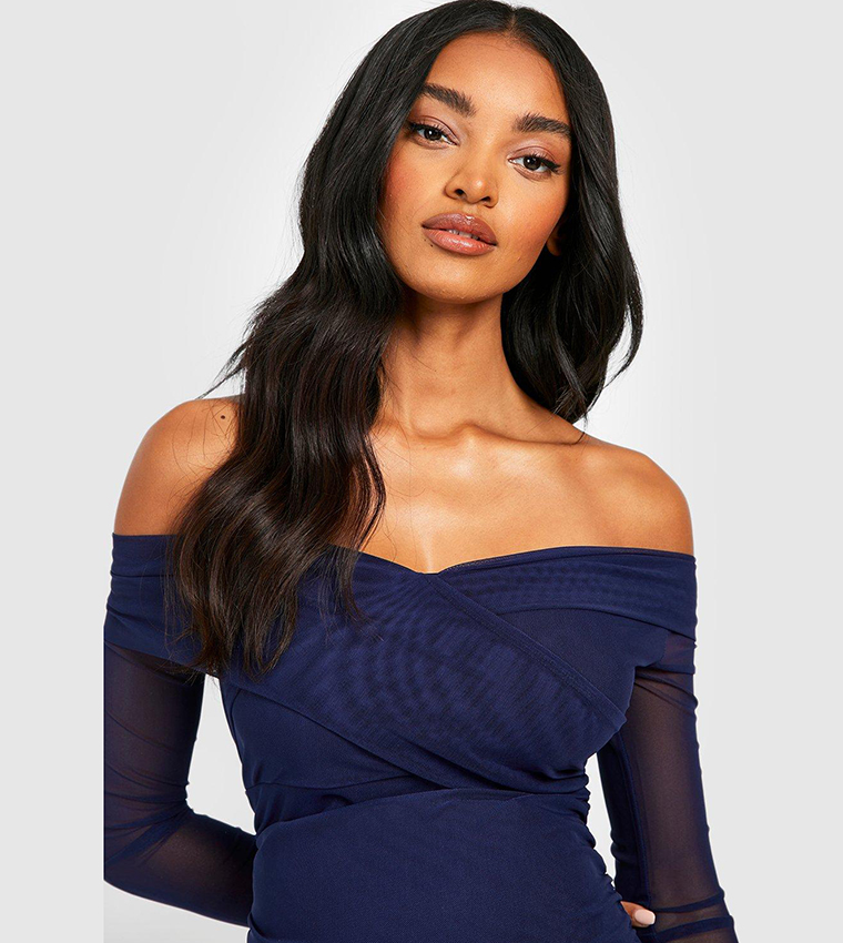 Maternity Off Shoulder Ruched Mesh Midi Dress