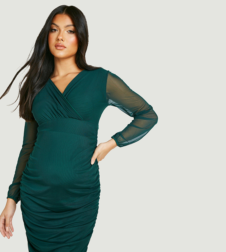 boohoo green maternity dress PinkBlush Green Floral Ruffle Off Shoulder Maternity Maxi Dress Small