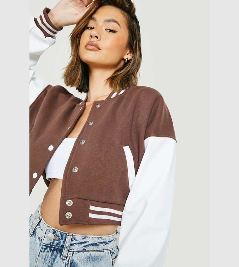 Buy Boohoo Contrast Sleeves Varsity Bomber Jacket In Brown