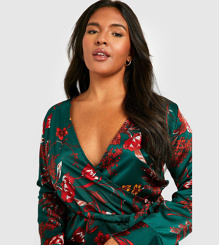 Buy Boohoo Plus Floral Ruffle Wrap Dress In Green 6thStreet UAE
