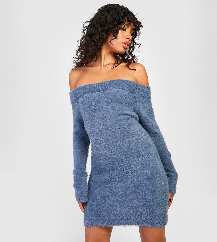 Buy Boohoo Off The Shoulder Fluffy Knitted Mini Dress In Grey 6thStreet Kuwait