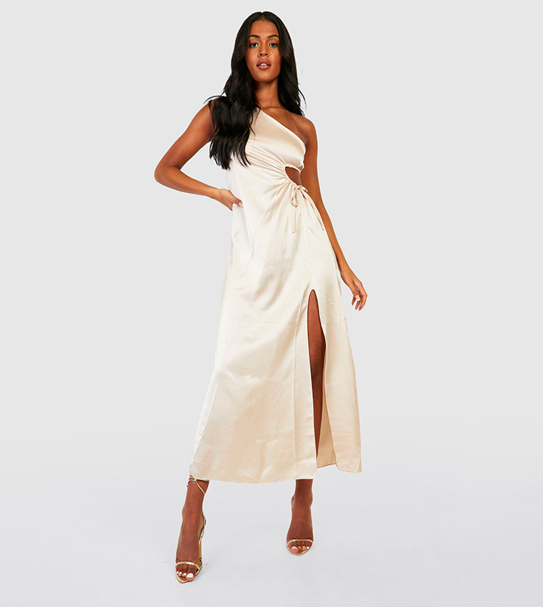 One shoulder best sale ruched maxi dress