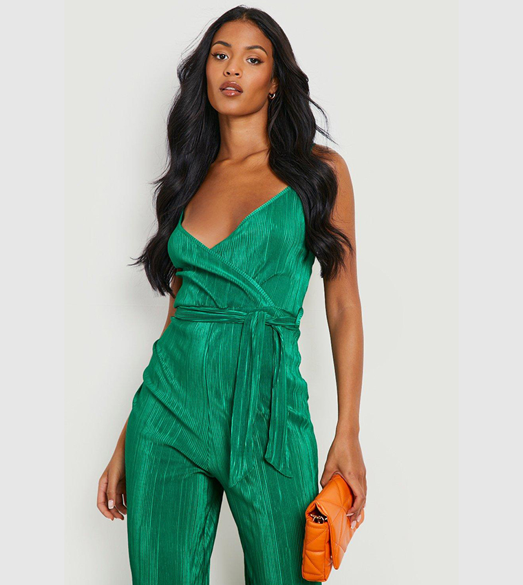 Tall Plisse Wrap Front Belted Wide Leg Jumpsuit