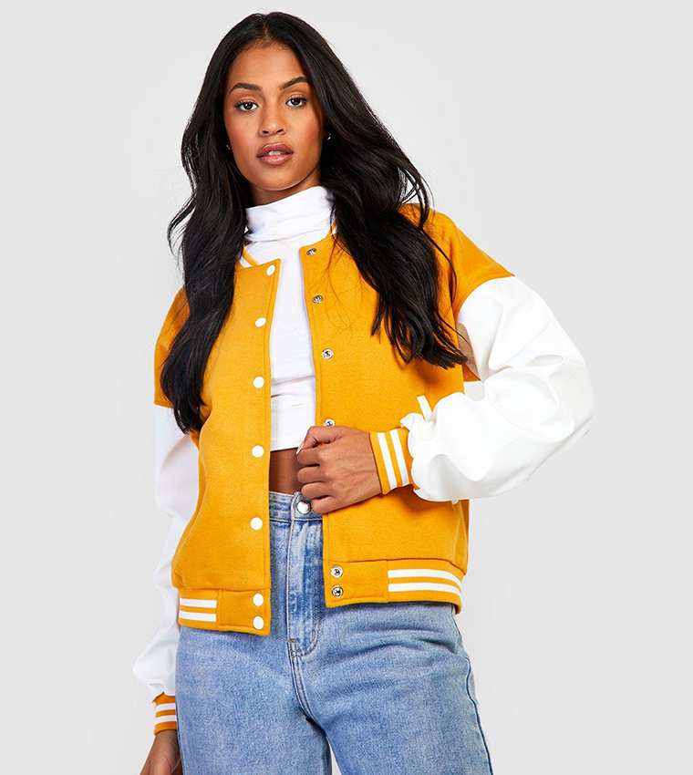 Denim varsity jacket store with contrast sleeves