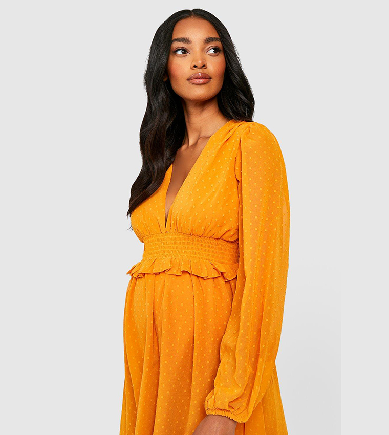 Buy Boohoo Maternity Dobby Mesh Smock Dress In Yellow | 6thstreet Qatar