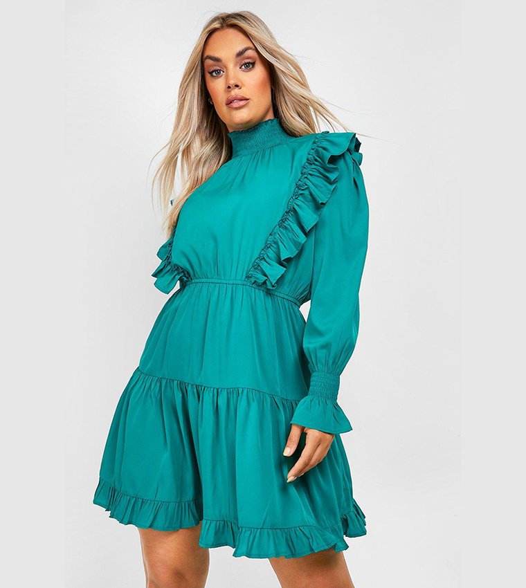 Buy Boohoo Plus Ruffle Skater Dress In Green | 6thstreet UAE Buy Boohoo Plus Ruffle Skater Dress In Green | 6thstreet UAE