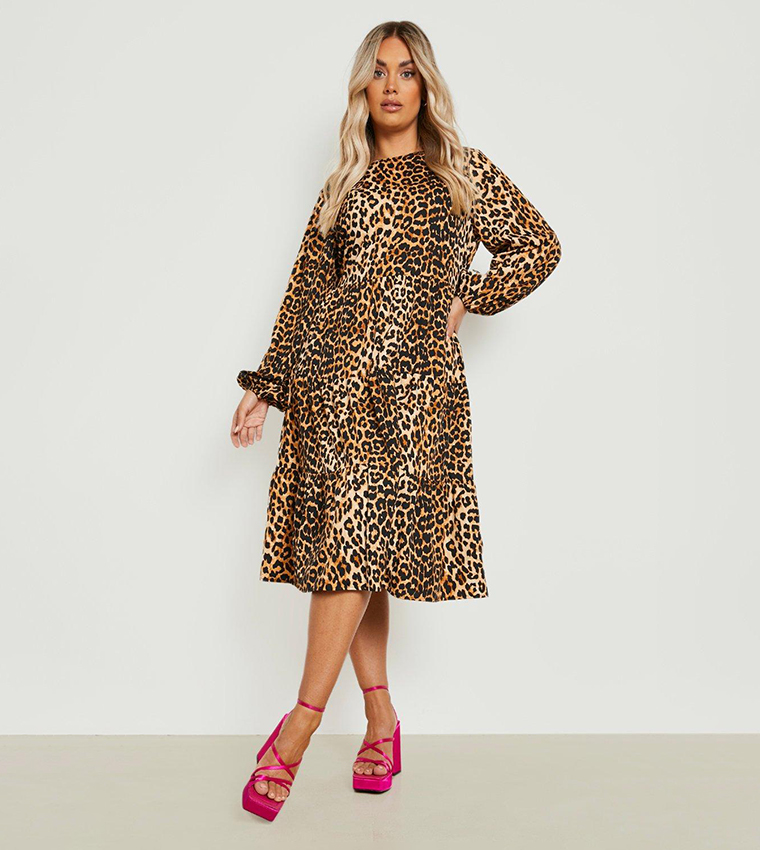 Buy Boohoo Plus Leopard Print Tiered Midi Dress In Multiple Colors
