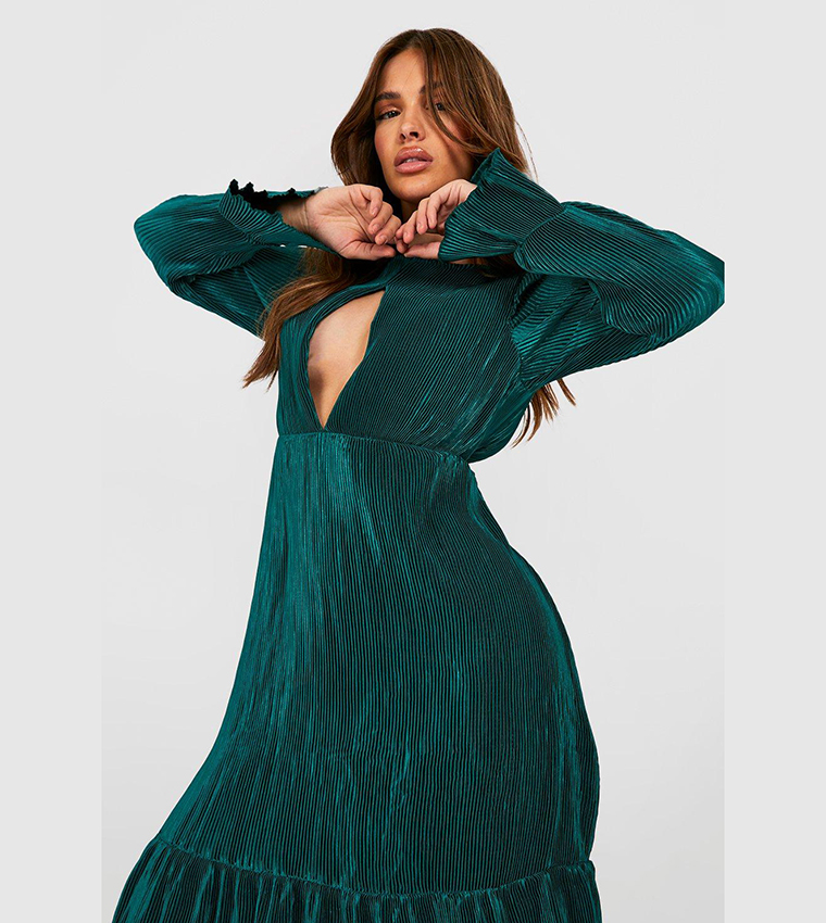 boohoo green plisse dress Green Printed Plisse Maxi Dress