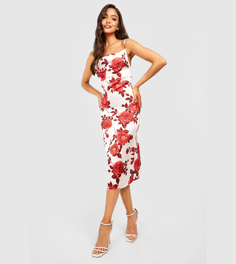 Buy Boohoo Satin Rose Print Bodycon Dress In Red