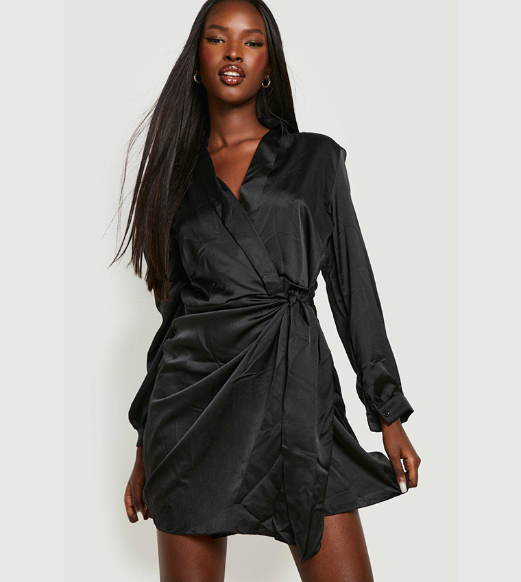 Black satin wrap mini dress best sale