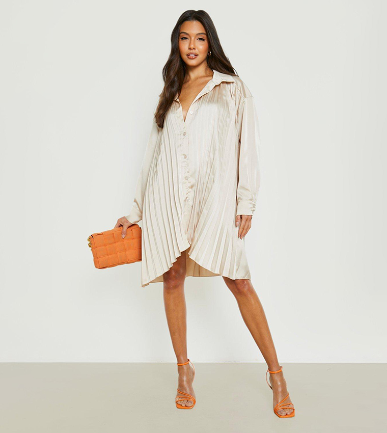 Buy Boohoo Pleated Satin Shirt Dress In Beige | 6thstreet Qatar