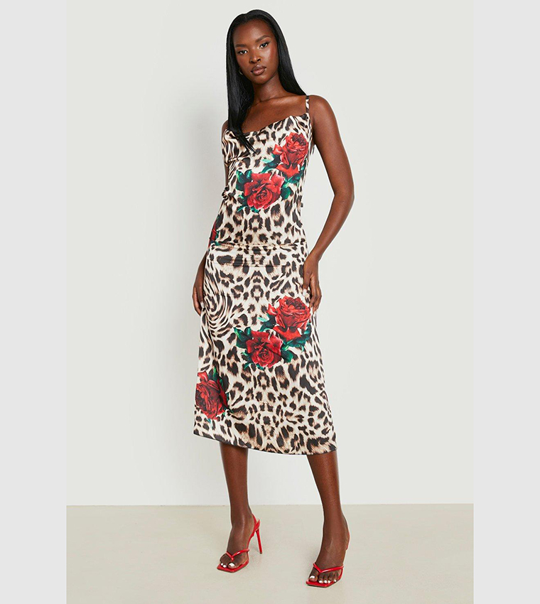 Buy Boohoo Rose Leopard Cowl Neck Slip Dress In Brown 6thStreet Kuwait