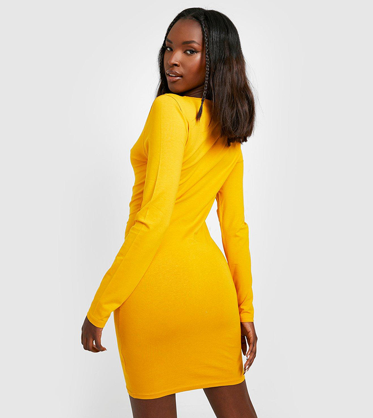 Buy Boohoo Essential Cotton Blend Bodycon Dress In Yellow | 6thStreet Qatar