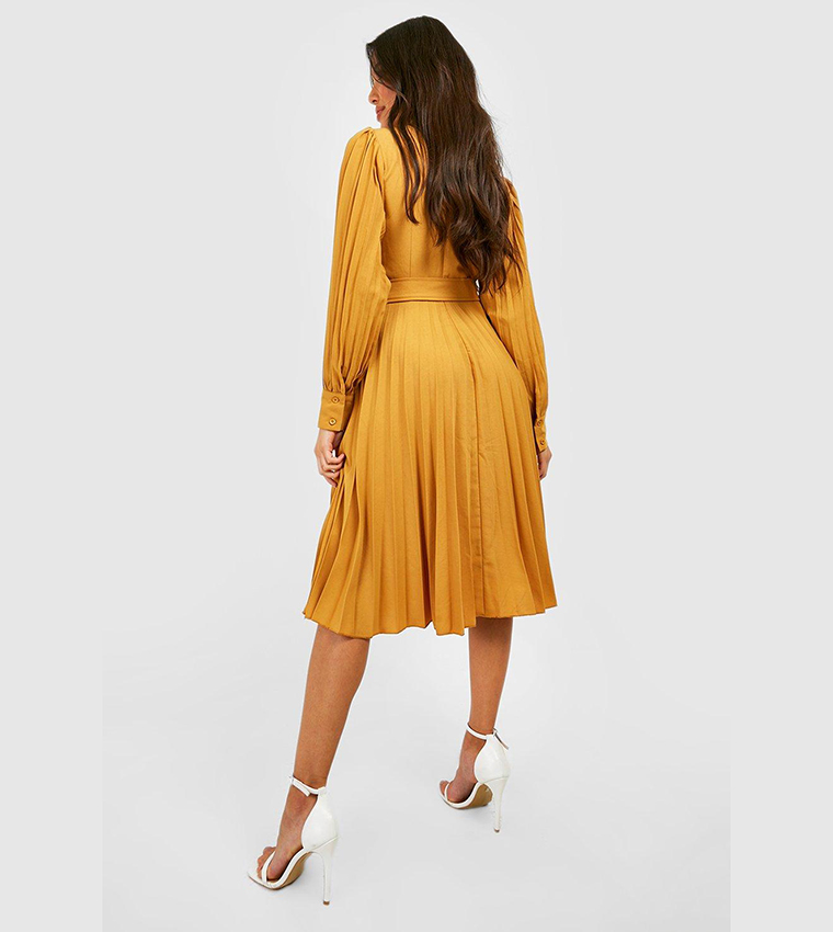 Pleated High Neck Belted Midi Dress