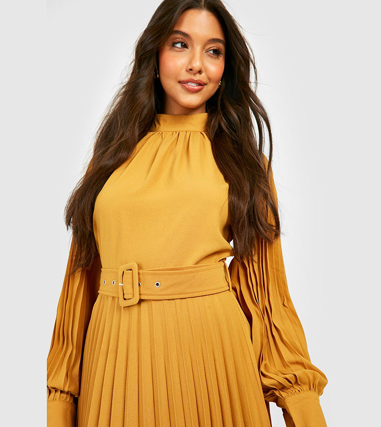 Pleated High Neck Belted Midi Dress