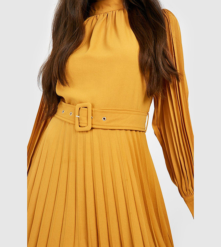 Pleated High Neck Belted Midi Dress