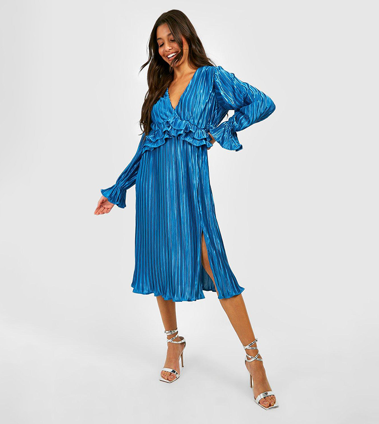 Buy Boohoo Pleated Plunge Ruffle Detail Midi Dress In Blue | 6thStreet UAE