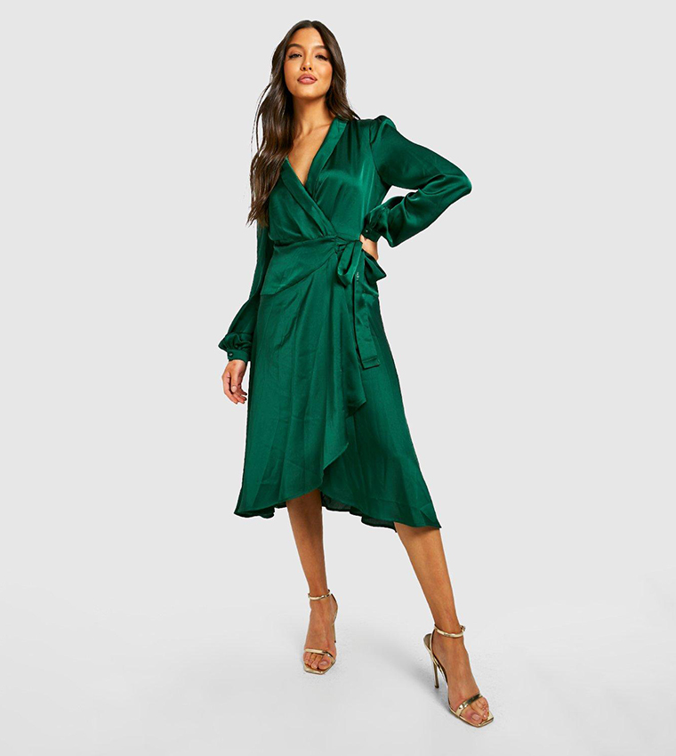 Buy Boohoo Satin Wrap Detail Midi Skater Dress In Green | 6thstreet UAE