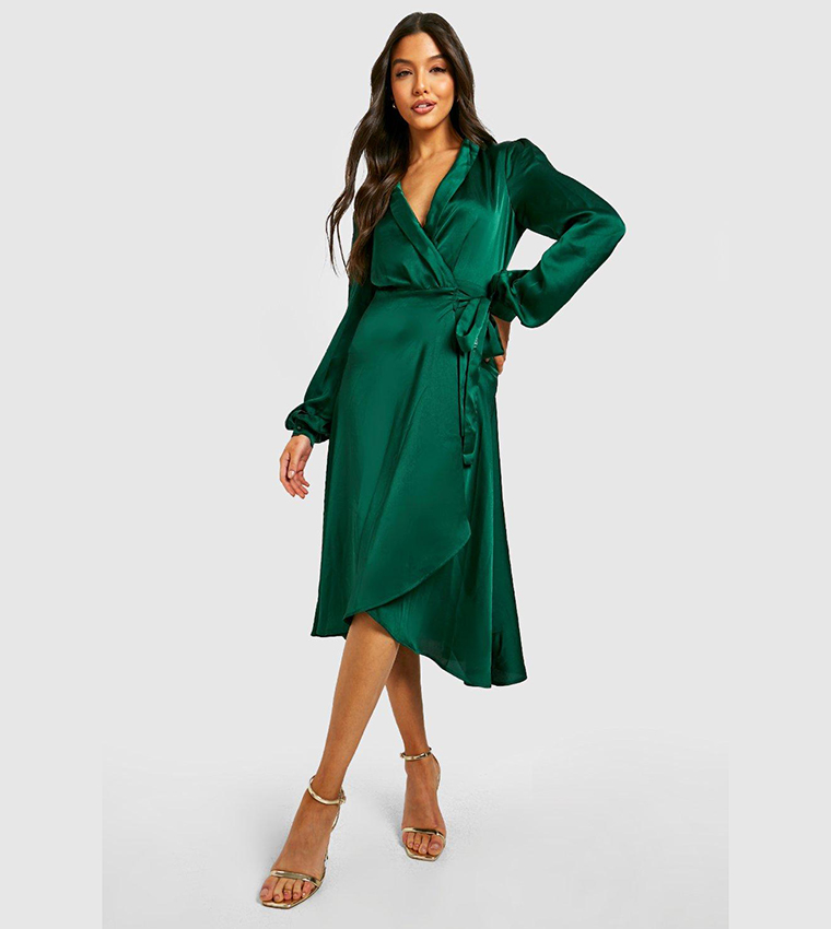 Buy Boohoo Satin Wrap Detail Midi Skater Dress In Green