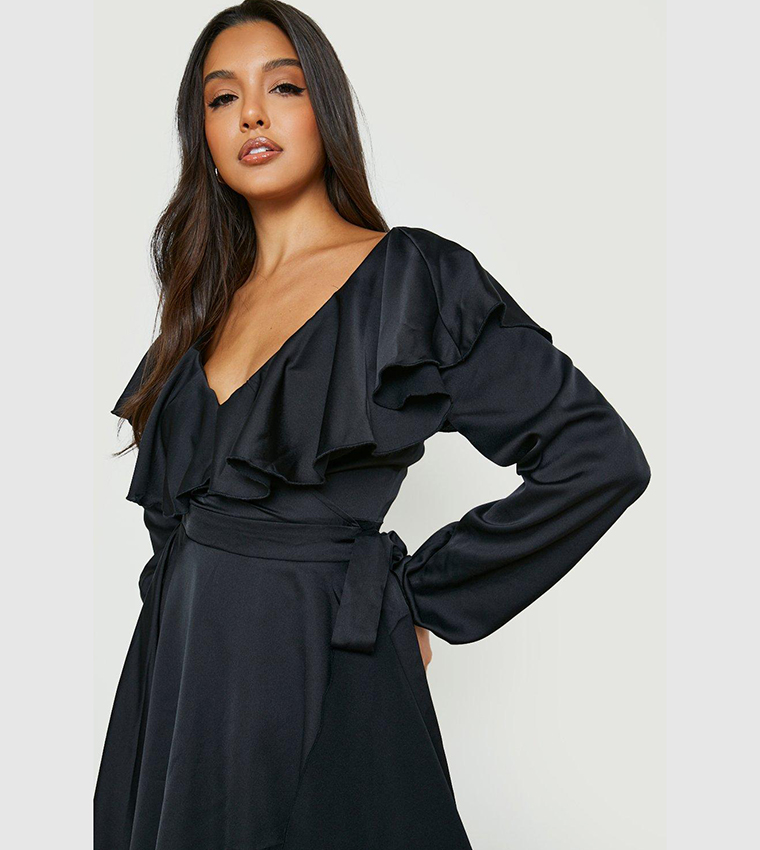 Buy Boohoo Long Sleeves Satin Ruffle Wrap Skater Dress In Black