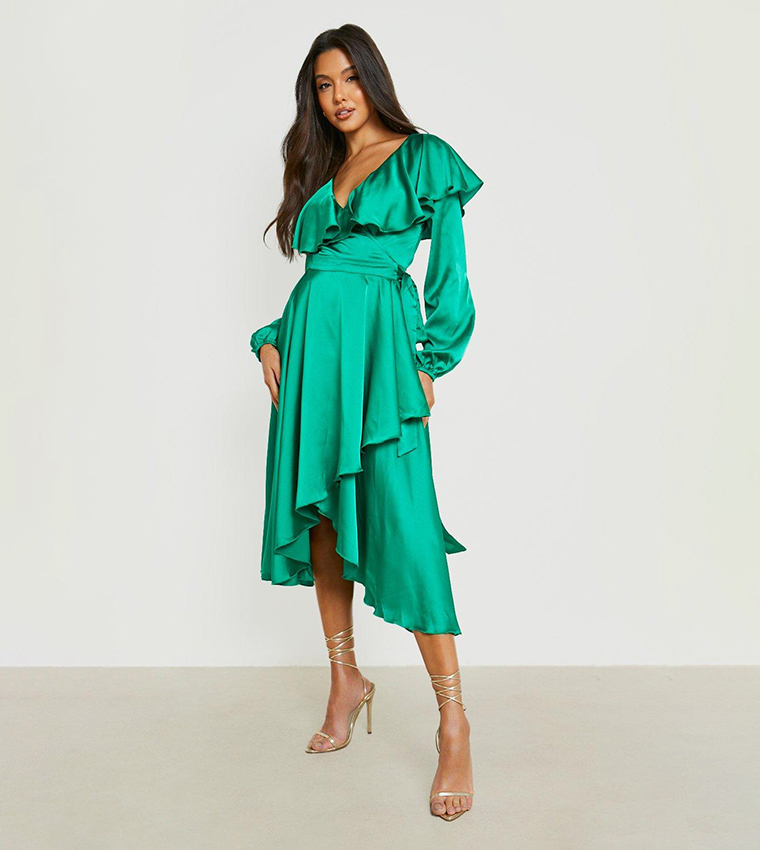 Buy Boohoo Long Sleeves Satin Ruffle Wrap Skater Dress In Green | 6thstreet  Oman