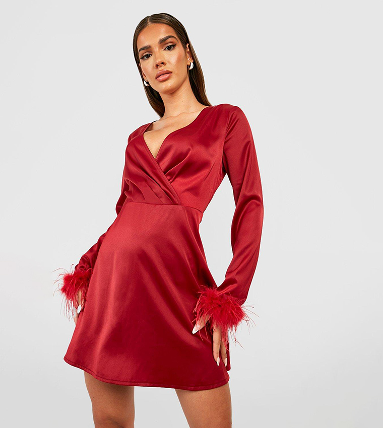Buy Boohoo Feather Cuff Satin Skater Dress In Red 6thStreet Qatar