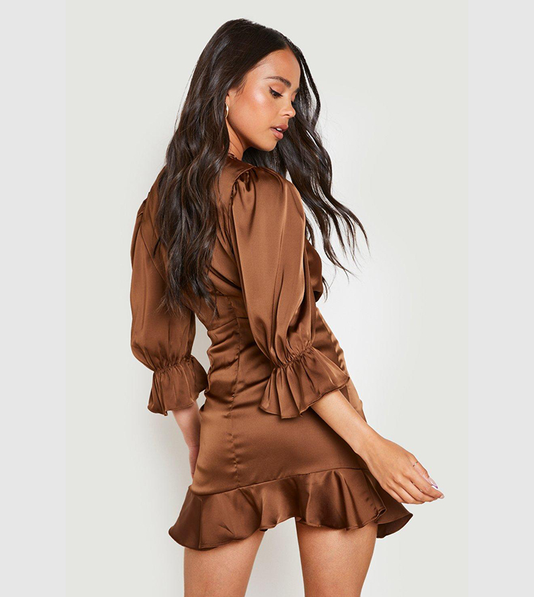 brown fancy dress Cara | Brown Matte Satin High-Neck Maxi Dress