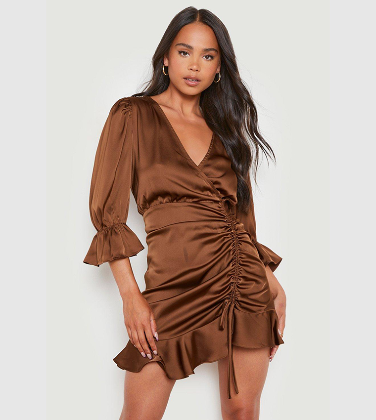 boohoo brown satin dress Boohoo Chocolate Volume Sleeve Satin Bodycon Womens Dress  Stockpoint  Apparel Outlet