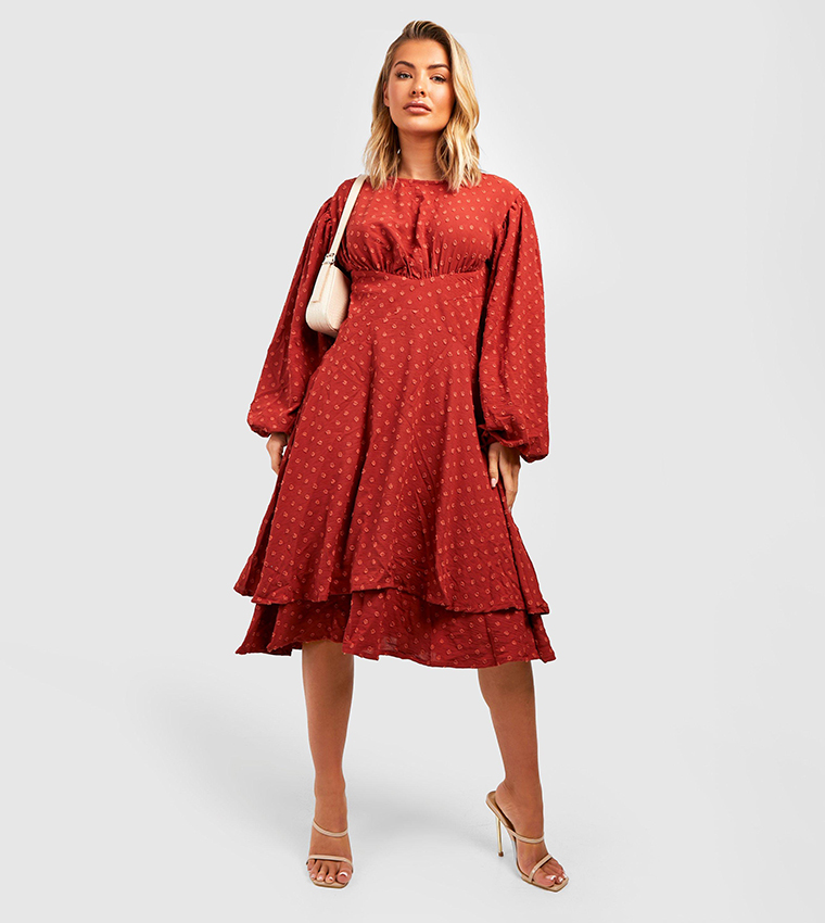 Buy Boohoo Dobby Long Sleeves Ruffle Midi Dress In Orange 6thStreet Bahrain