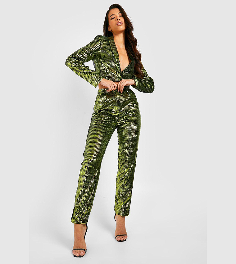 Buy Boohoo Tall Sequin High Waist Trousers In Green