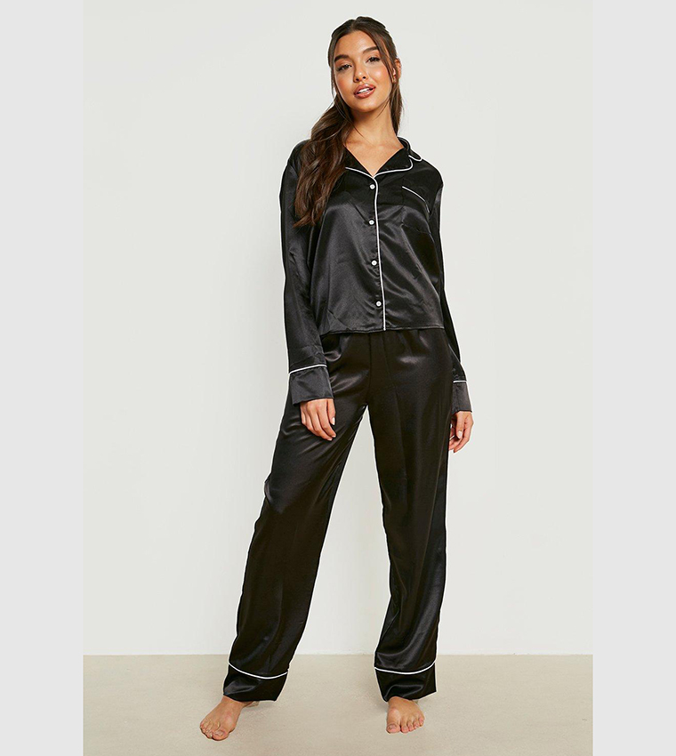 Black satin pyjama trousers sale