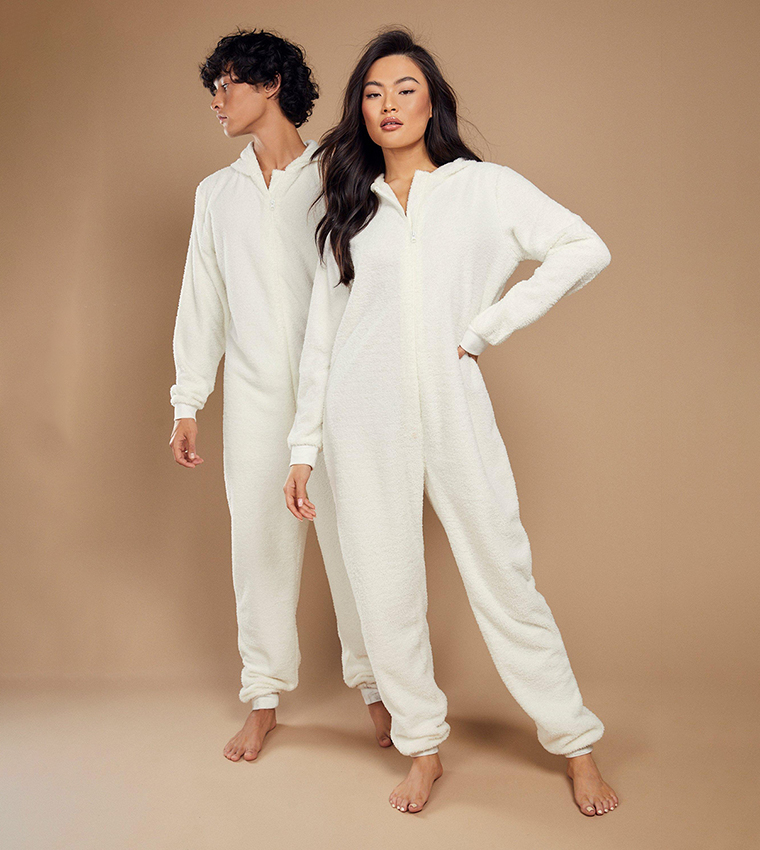 Buy Boohoo Hers Matching Teddy Loungewear Onesie In Ecru