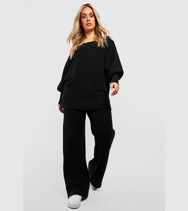 Buy Boohoo Plus Slouchy Wide Leg Knitted Co Ord Set In Black