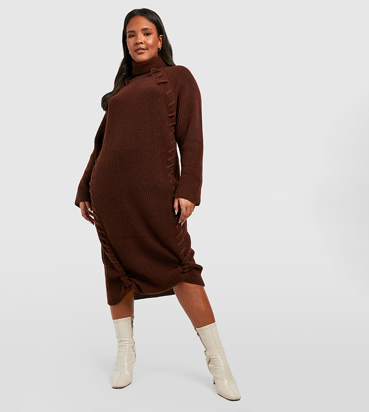 Buy Boohoo Plus Lace Up Knitted Roll Neck Jumper Dress In Brown 6thStreet Bahrain