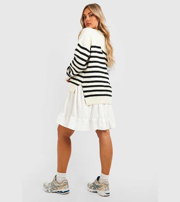 Buy Boohoo Plus Knitted Stripe Jumper 2 In 1 Shirt Dress In White