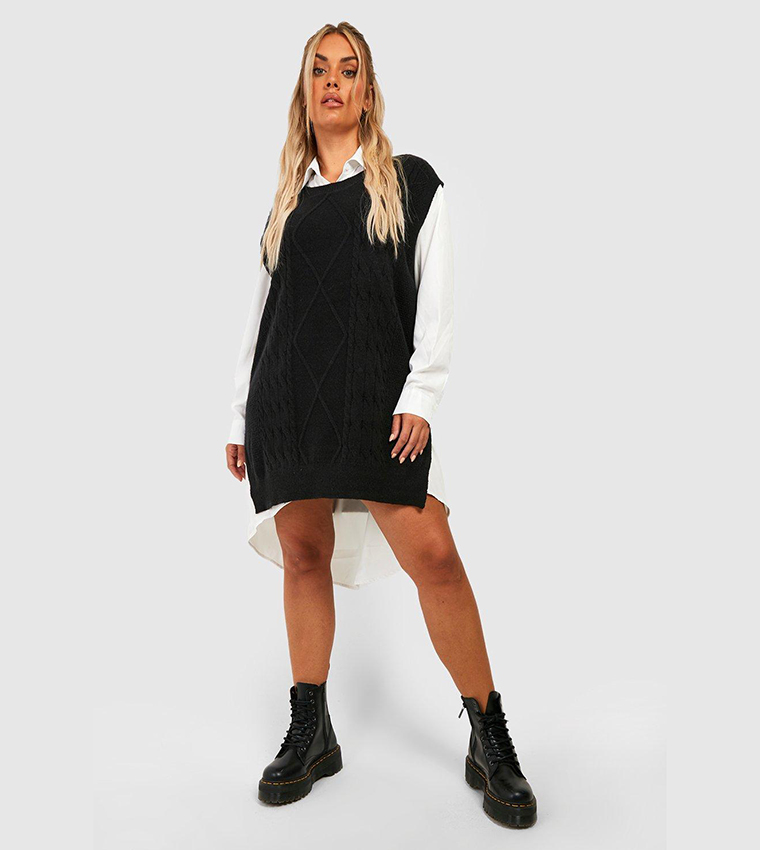 Style Shirt Dress And Knitted Vest Plus Size Shirt Dress And